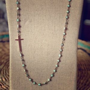 Boutique Jewelry-Mint and gold Cross necklace-Long